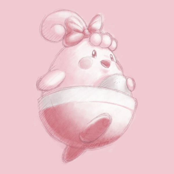 This is a digitally-colored pencil-drawing of a Happiny mid-jump on a pink background, wearing a pink bow on its head.