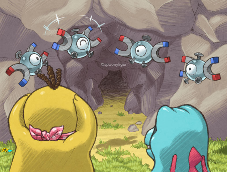This is a digitally-colored pencil artwork featuring a Psyduck and a Totodile Pokemon standing in the foreground and seen from the back observing four Magnemite hovering in front of a cave entrance, one of which is expressing excitement.