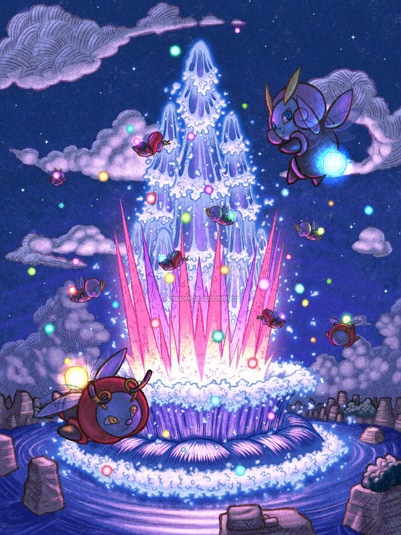 This is a digitally hand-drawn fanart depiction of the Fogbound Lake night scene from the Pokemon Mystery Dungeon: Explorers series of games.